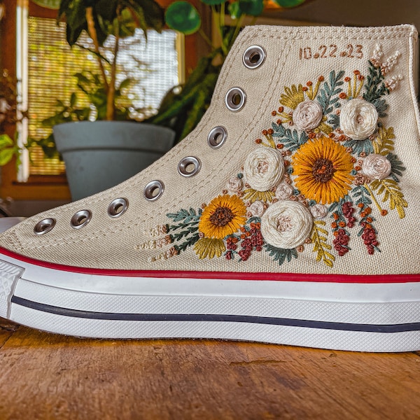 Custom Hand Embroidered Canvas Hi Top Converse Sneakers - Bridal sneakers - Custom Converse - Wedding shoes