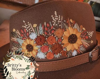 Custom Hand Embroidered Floral Fedora Hat - Embroidery