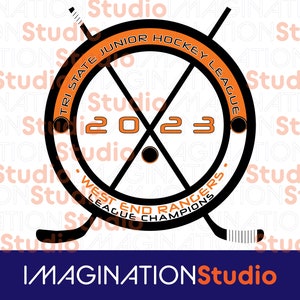 May include: A black and orange hockey logo with the text "Tri State Junior Hockey League" and "West End Rangers League Champions" around a circle with the year "2023" in the center.