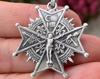 Maltese Cross Jesus Christ Medal , Notre-Dame-de-Liesse, 925 Sterling Silver, French Professional entreprise