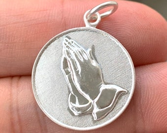 Pendant Prayer Hands Medal, Serenity 23 X 19 millimeters - Christian Religious Sterling Silver Jewelry - Praying Hands Prayer Medal