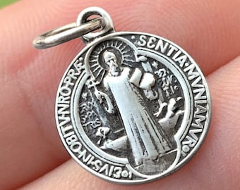 Saint Benedict Medal Pendant in Sterling Silver, Small Catholic Religious Jewelry of the Patron Saint of Divine Protection, a Gift of Faith