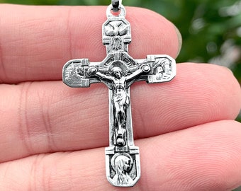Sterling Silver Lourdes Jesus Cross Pendant - Sacred Symbol of Christian Faith - Religious Jewellery, Gift - French Art Nouveau style