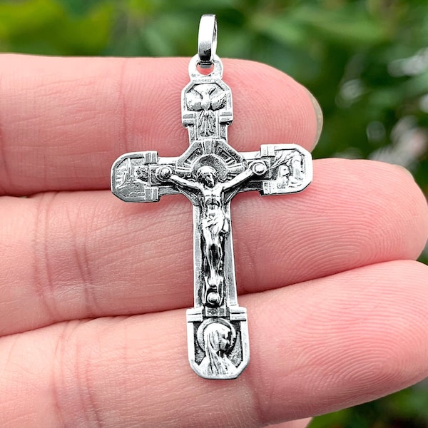 Sterling Silver Lourdes Jesus Cross Pendant - Sacred Symbol of Christian Faith - Religious Jewellery, Gift - French Art Nouveau style