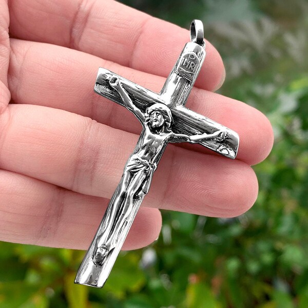 Croix Jésus Très Grande, Religieuse INRI, en Argent Massif 925 / Very Large Heavy and Big Religious Cross of Jesus, Sterling Silver 13 g