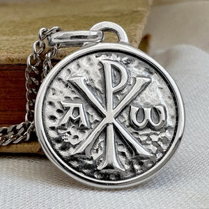 Sterling Silver Alpha & Omega Chrism Medal Pendant - Antique French Style - Christian Symbol - Jewellery - Devotional Faith Gift