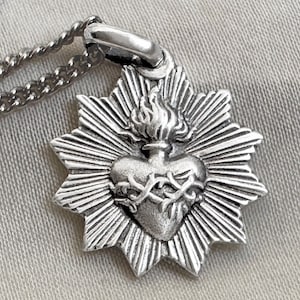 Sacred Heart of Jesus, medal 300 days indulgences medal sterling silver, Necklace, Flaming ex-voto Antique style 925 Sterling silver charm