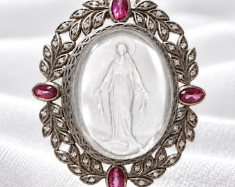 Large Miraculous Medal Pendant, Sterling Silver 925, Carved Rock Crystal, Pink Topaz