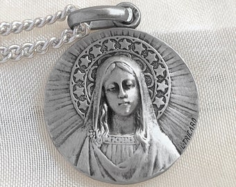 Médaille Religieuse de la vierge Marie étoiles, Argent Massif style Antique / Religious Medal of the Virgin Mary, 925 Sterling Silver