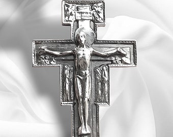 Large Saint Damien Cross Pendant, Sterling Silver – Saint Francis of Assisi's Christian Cross, Resurrected Jesus – Jewelry crucifix