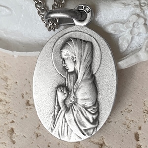 Tiny Virgin Mary pray Necklace French Religious Medal,  charm Antique Style, Oval Shape New product, Sterling Silver