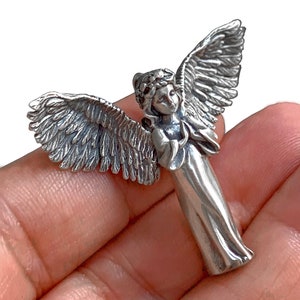 Large Guardian Angel Pendant - Solid Sterling Silver - Divine Protection Praying Angel, Spiritual Gift - Art Nouveau Style - Sacred Jewelry