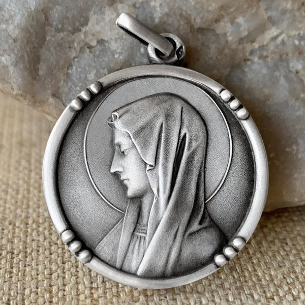 Exceptional Large Antique Mary French Pendant - Realistic Art / Art Nouveau - Sacred Religious Silver 800 Jewelry - Faith Devotional Gift