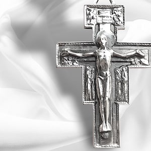 Large Saint Damien Cross Pendant, Sterling Silver – Saint Francis of Assisi&#39;s Christian Cross, Resurrected Jesus – Jewelry crucifix