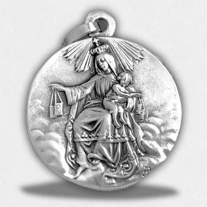 Mary Medal pendant - Scapular Our Lady of Mount Carmel - Sterling Silver - Art Nouveau Christian Jewelry style - 30 x 25 mm - Heart of Jesus