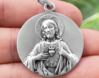 Large medal of the Sacred Heart of Jesus, Religious Antique design, new pendant, 925 Sterling Silver, Big Christian Jewel, Gift, necklace