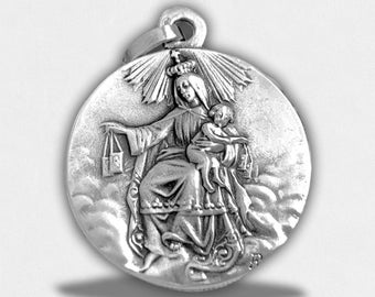 Medal pendant Scapular Our Lady of Mount Carmel oval in Sterling Silver - Art Nouveau style Religious Jewelry 30 x 25mm - Mary Jesus gift