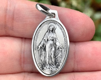Small Miraculous Sterling Silver Medal - Religious pendant Jewelry Divine Protection Christian Faith O Mary  For Us - Necklace - gift