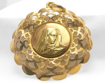 Antique 18-karat gold medal of the Virgin Mary – Authentic French Catholic religious jewelry – 19th-century Art Nouveau sacred art