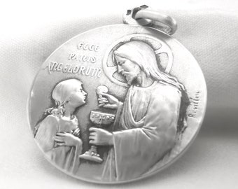 Antique Jesus Medal, First Communion, signed Revillon, French Sterling Silver