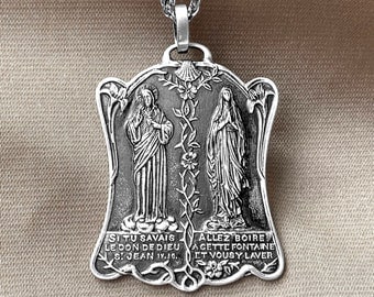 Grande Médaille Cœur Sacré Jésus & Marie Lourdes Argent Massif 925 / Big Medal Sacred Heart Jesus Mary have mercy on us 925 Sterling Silver