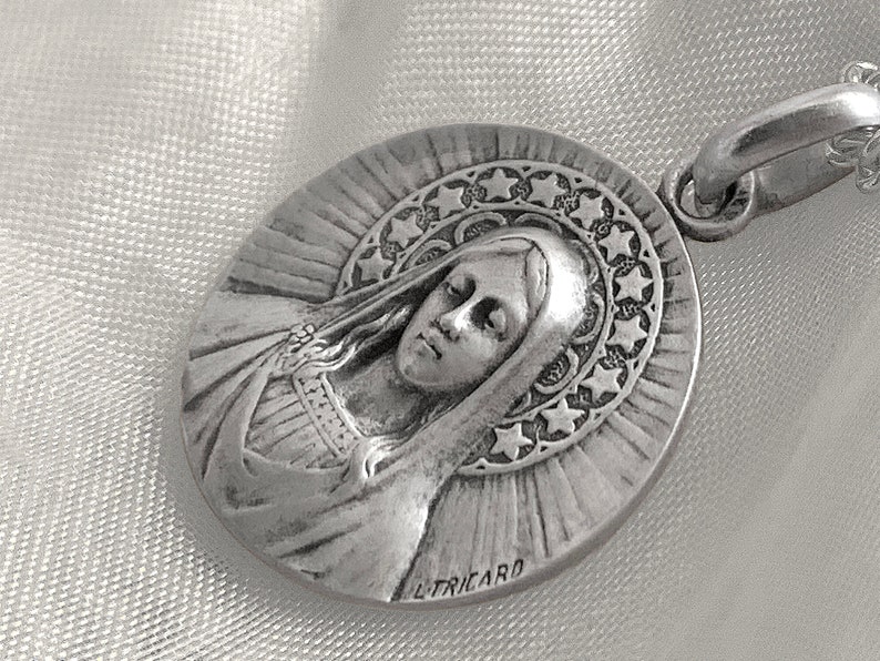 Virgin Mary Medal Stars Religious , Antique French Style New product, 925 Sterling Silver, French Professional jeweler image 3