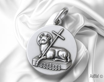 Agnus Dei Medal – Solid Sterling Silver Christian Pendant – Jesus Lamb Necklace – Antique Style Jewelry  Baptism Communion Confirmation Gift