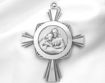 Antique Cross of Jesus and Child, Silver / French Catholic Religious Cross Quadrate Medal, Jesus Child "Communion"