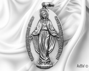 Miraculous 1830 Medal Religious pendant Sterling Silver Jewelry - Antique design 35x20 millimeters O Mary Conceived Without Sin Pray For Us