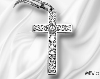 Pendentif Sacré Grande Croix de Communion Baptême Calice en Argent Massif - Symbole de Foi Chrétienne - Cadeau Religieux pour les Croyants