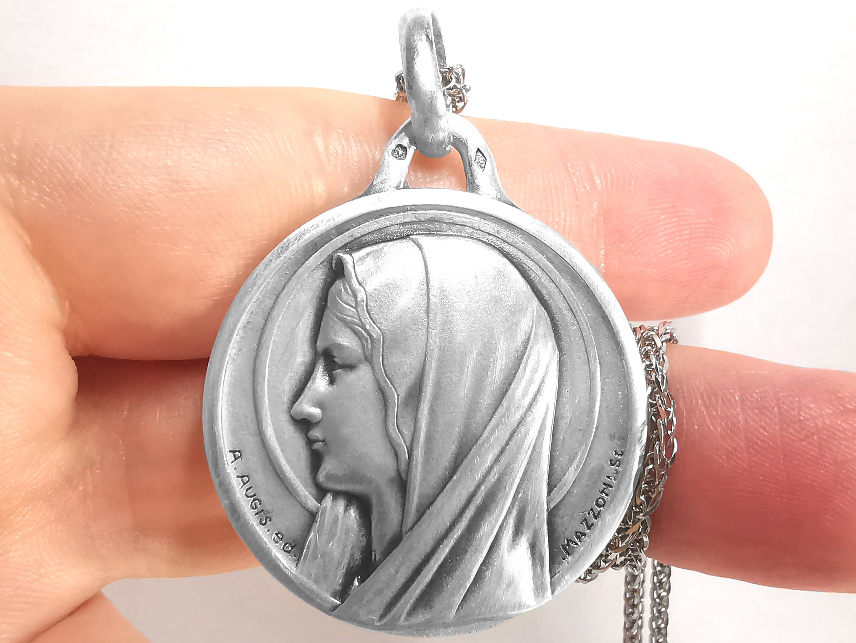 Médaille Antique de Lourdes, Argent Massif, French Catholic Religious Lourdes Medal Sterling Silver