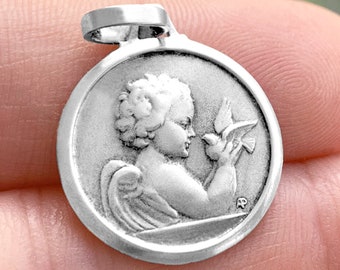 Pendentif Médaille de baptême Ange à la colombe oiseau - Argent Massif - Symbole de pureté Bijou de protection - Cadeau spirituel chrétien