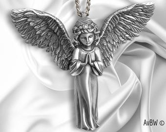 Large Guardian Angel Pendant - Solid Sterling Silver - Divine Protection Praying Angel, Spiritual Gift - Art Nouveau Style - Sacred Jewelry