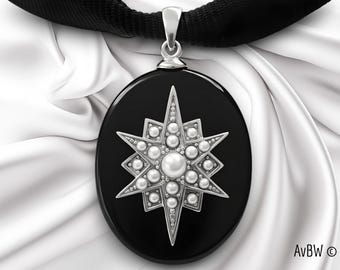 Hand-crafted black pendant in pure Onyx, 12-pointed star in sterling silver, mother-of-pearl-colored stones, enamel ring Ertsgamma Jewelry