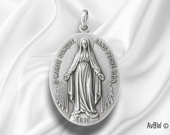 Oval Miraculous Medal in Solid Sterling Silver 925 – Virgin Mary 1830 Catholic Pendant, Antique French Style, Necklace, Jewelry