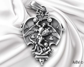 Pendant, Large Archangel Saint Michael medal, 12g !! sterling silver - Protection - Guardian Angel, Warrior - Antique design - Gift necklace