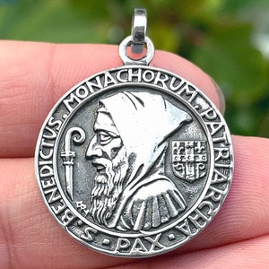Sterling Silver Pendant Saint Benedict Head Medal, French Art Nouveau Religious Handicraft Jewel, Divine Protection, of Faith Christian gift