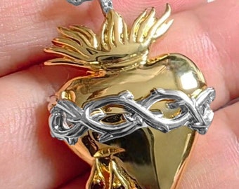 Large sacred Ex-Voto heart pendant - Jesus, French Art Nouveau design, Sterling Silver, diamonds, 18k gold on gilded brass, pomegranate stones.