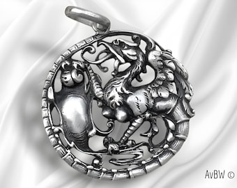 Antique French Saint George vs Dragon pendant, unique exceptional sterling silver medal, French Art, stylized Christian jewel