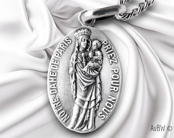 Notre Dame de Paris Miraculous Medal Pendant - Sterling Silver - Virgin Mary - Art Nouveau Design - Religious Jewellery, Christian Gifts