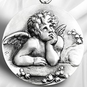 Pendant Cupid - Very Large Angel Medal - Sterling Silver 34X30 millimeters - Inspired by a Painting by Raphael - Spiritual Gift, 8.89 grams!
