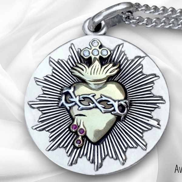 Pendentif coeur sacré de Jésus - Argent Massif - Laiton Doré – véritables Rubis, diamants moissanite - Foi - Médaille Religieuse collier