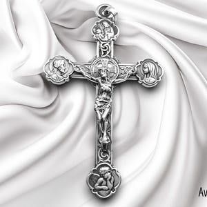 Sehr großes Dreiblattkreuz, Jesus-Kruzifix, christlicher Schmuck aus massivem Silber, Anhänger im französischen Jugendstil-Design: Über 7,69 g!
