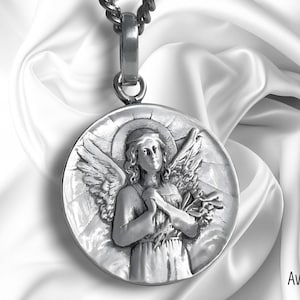 Guardian Angel Pendant 925 Sterling Silver - Praying Angel Medal - Bells - Religious Jewelry - Baptism Gift - Protection Spirit necklace image 3