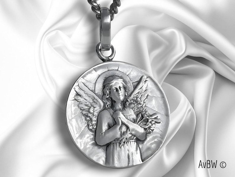 Guardian Angel Pendant 925 Sterling Silver - Praying Angel Medal - Bells - Religious Jewelry - Baptism Gift - Protection Spirit necklace image 3