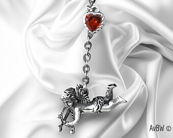 Earrings - Cupid Angel - Sterling Silver - Art Nouveau design, with a red stone or crystal - Love gift - Romantic jewelry