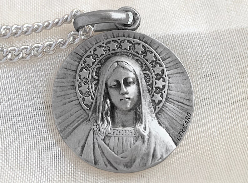 Virgin Mary Medal Stars Religious , Antique French Style New product, 925 Sterling Silver, French Professional jeweler image 1