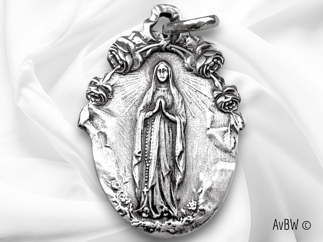 Large Our Lady of Lourdes Medal Sterling Silver 925 - Big Virgin Mary ...