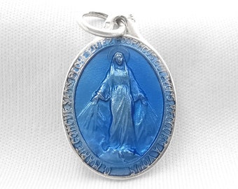 Médaille Miraculeuse de la Vierge Marie émaillée bleue Marie conçue sans péché / Virgin Miraculous Mary Medal, French silver Blue Enamelle