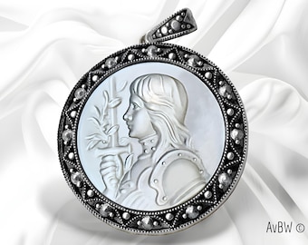 Large Joan of Arc Medal Pendant – Hand-Carved Mother of Pearl & Sterling Silver Christian Necklace – Catholic Gift, Sacred Religious medal